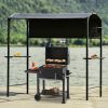 Outdoor 7Ft.Wx6.8Ft.H Steel Double Tiered Backyard Patio BBQ Grill Gazebo with Side Awning; Bar Counters and Hooks; Gray