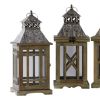 4 Piece Pierced Metal Top Wooden Lantern with Rings; Brown and Silver; DunaWest