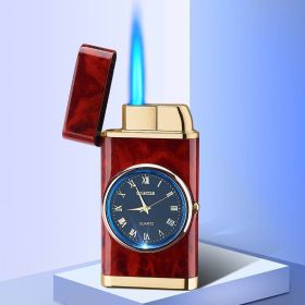 Lighter With Electric Watch Rocker Arm Automatic Ignition Straight Blue Flame Lighter Creative Real Dial Inflatable Windproof Lighter Men's Watch Gift (Color: A mahogany grain)