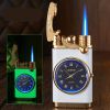 Lighter With Electric Watch Rocker Arm Automatic Ignition Straight Blue Flame Lighter Creative Real Dial Inflatable Windproof Lighter Men's Watch Gift