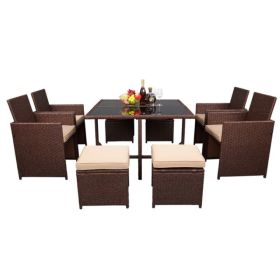 Backyard Garden PE Wicker For 8 People Dining Table Set (Color: Khaki, Material: Rattan)