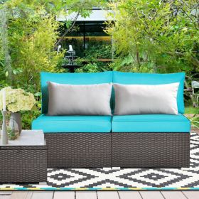 2 Pieces Patio Rattan Armless Sofa Set with 2 Cushions and 2 Pillows (Color: Blue)