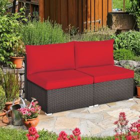 2 Pieces Patio Rattan Armless Sofa Set with 2 Cushions and 2 Pillows (Color: Red)