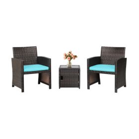 3 Pieces Patio Wicker Furniture Set with Storage Table and Protective Cover (Color: Turquoise)